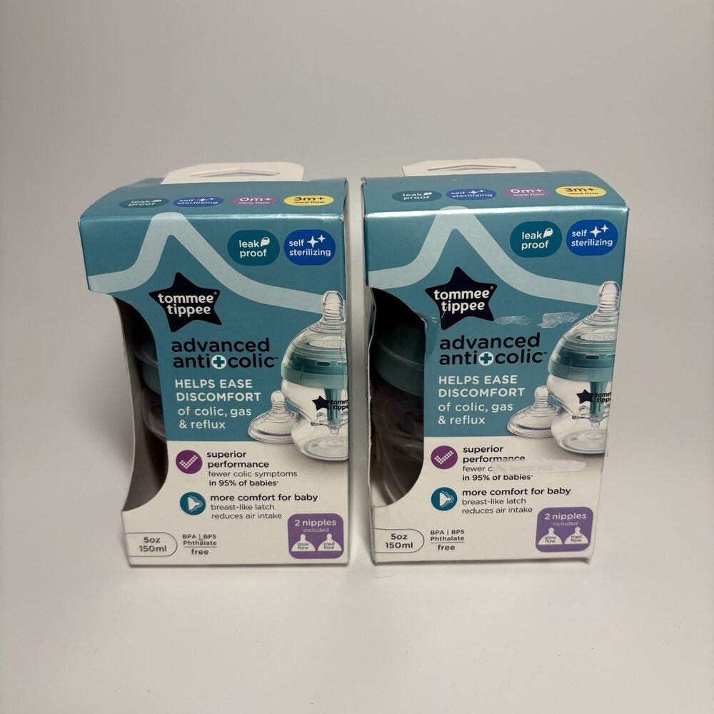 Tommee Tippee Advanced Anti-Colic 5oz Bottles 0mo+ Slow Flow & 3m+ Med Flow